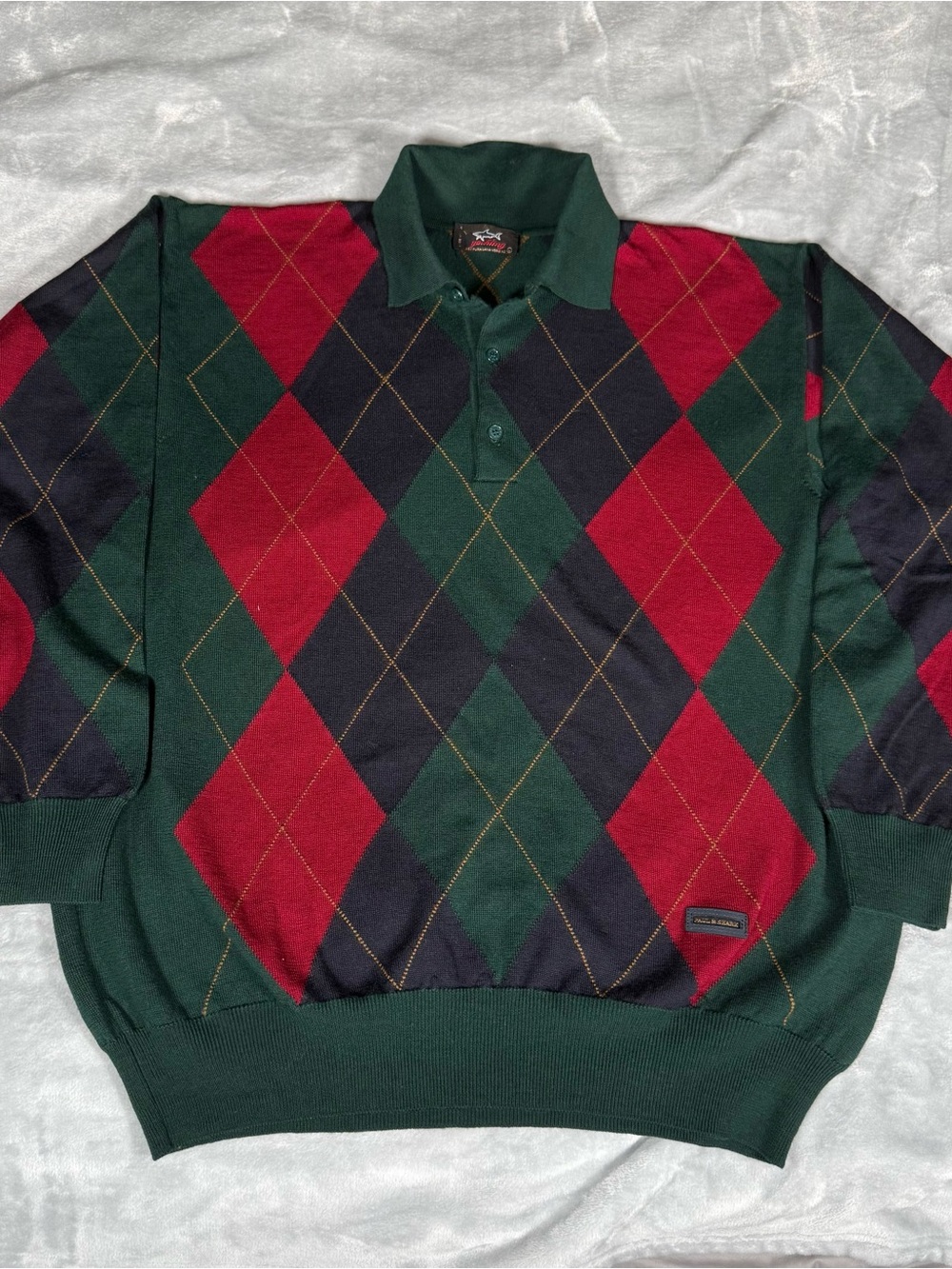 Paul & Shark Argyle Polo Sweater Mens Large Wool Preppy Made In Italy